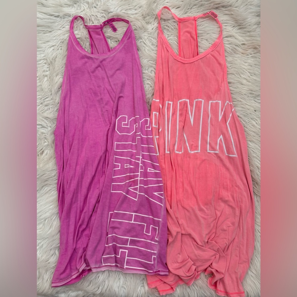 PINK Victoria’s Secret Pink and Purple Graphic Gym Tank Tops